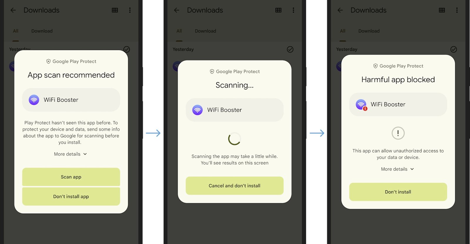 three screenshots showing Google Play Protect's real-time app scanning in effect