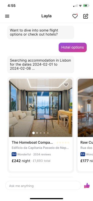 Layla chatbot for travel suggesting hotels