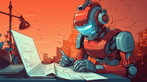 Digital illustration in comic style of a red and silver humanoid robot writing on a piece of paper with a pen in front of a laptop.