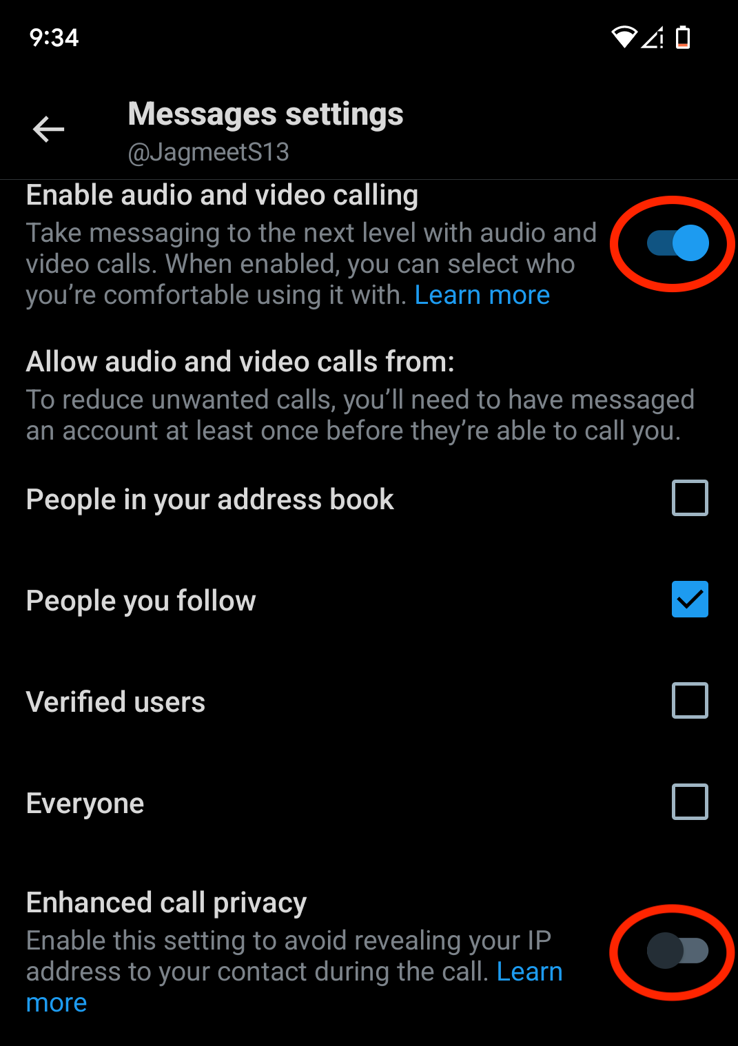 A screenshot of the settings for X's audio and video calling feature for Android.