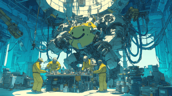 Futuristic mechanics in yellow jumpsuits work on a smiley face giant mecha in a blue hangar in an anime style image.